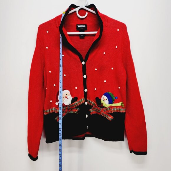 Vintage Studio Joy Christmas Cardigan Sweater With Santa & Snowman Red Size S - Picture 5 of 9